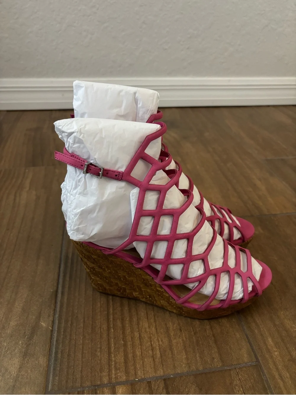 Schutz Marlyn Pink Espadrille Wedge Caged Open Toe Heeled Sandals